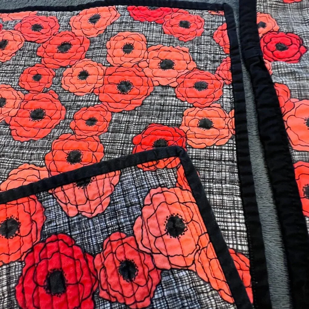 Set Of 4 Handmade Quilted‎ Placemats With Red & Orange Poppies Floral Design